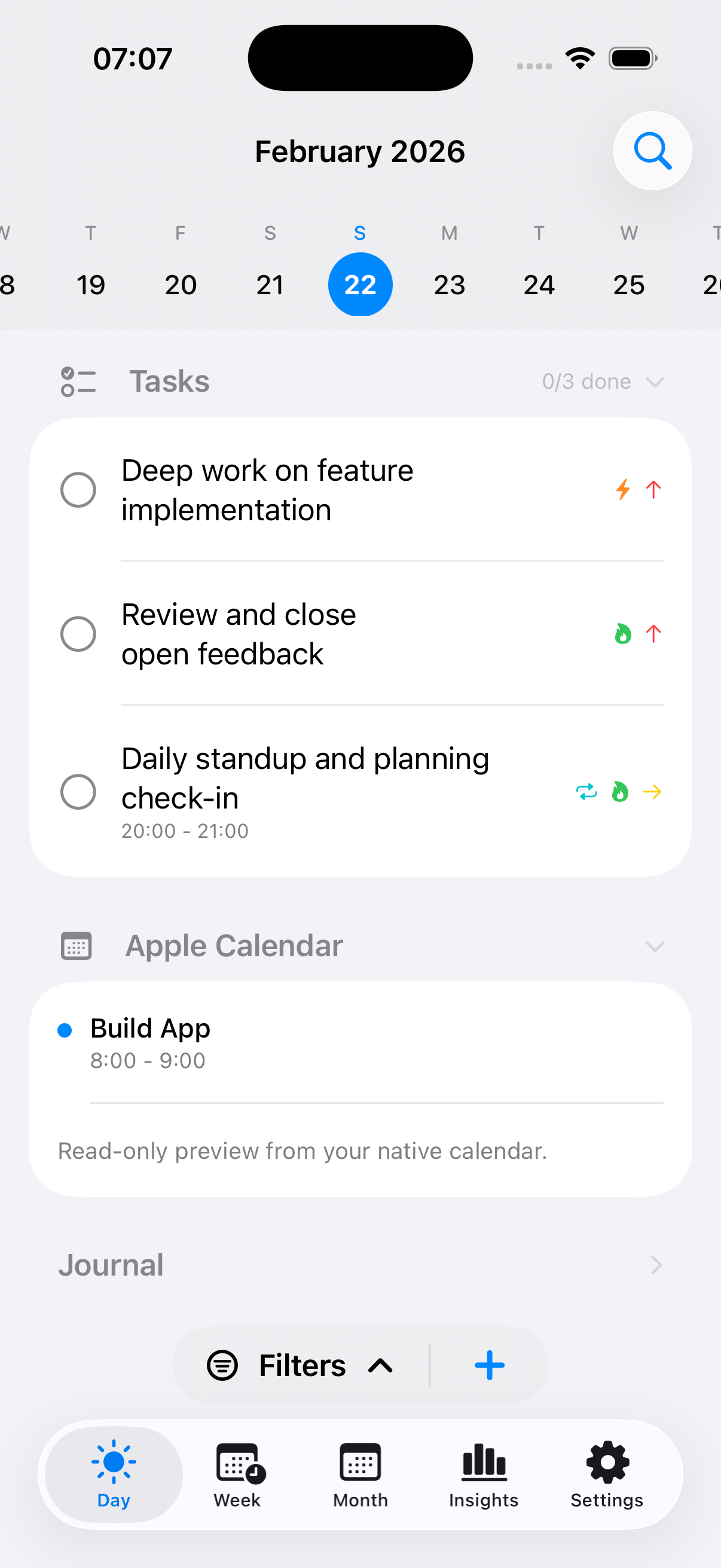 NimbleDay App Interface showing tasks categorized by energy levels