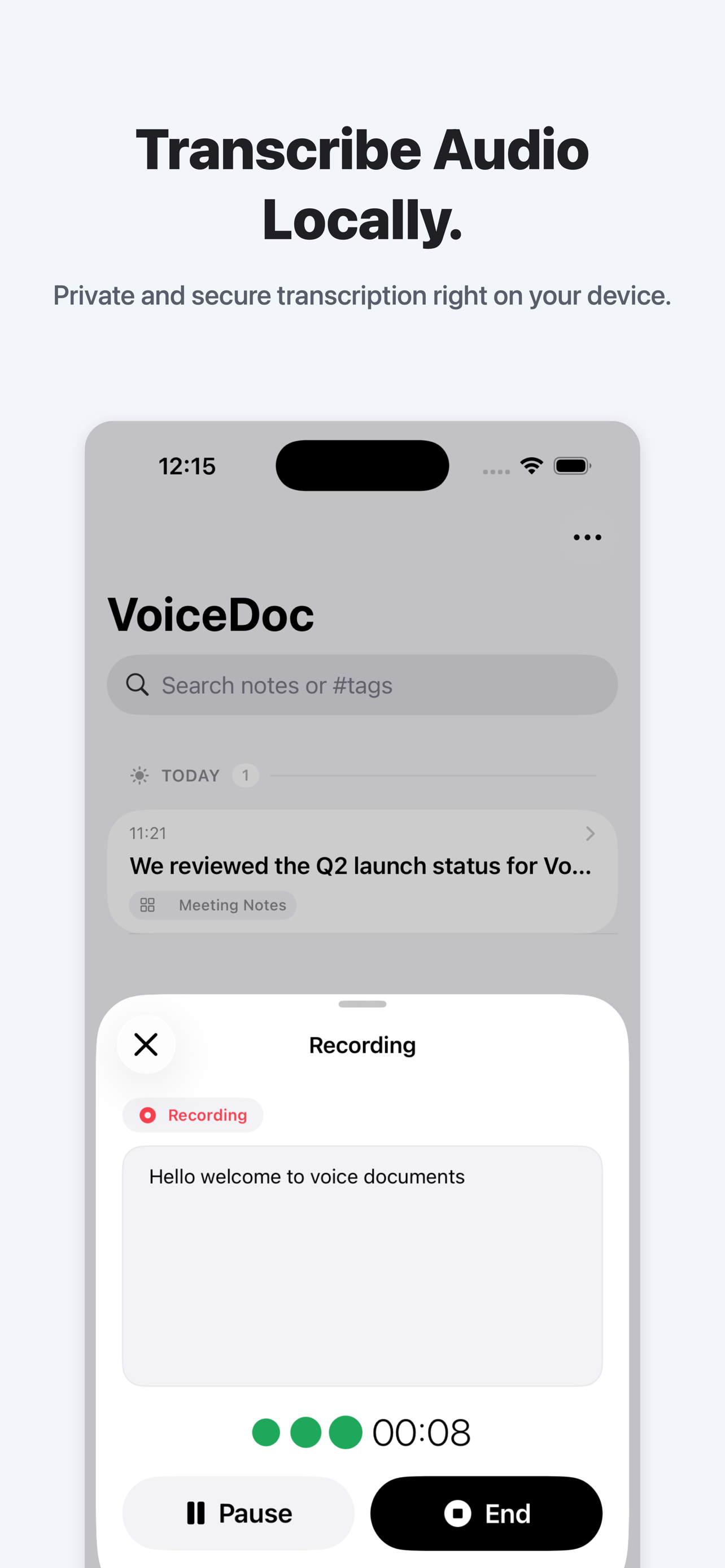 VoiceDoc app showing on-device transcription