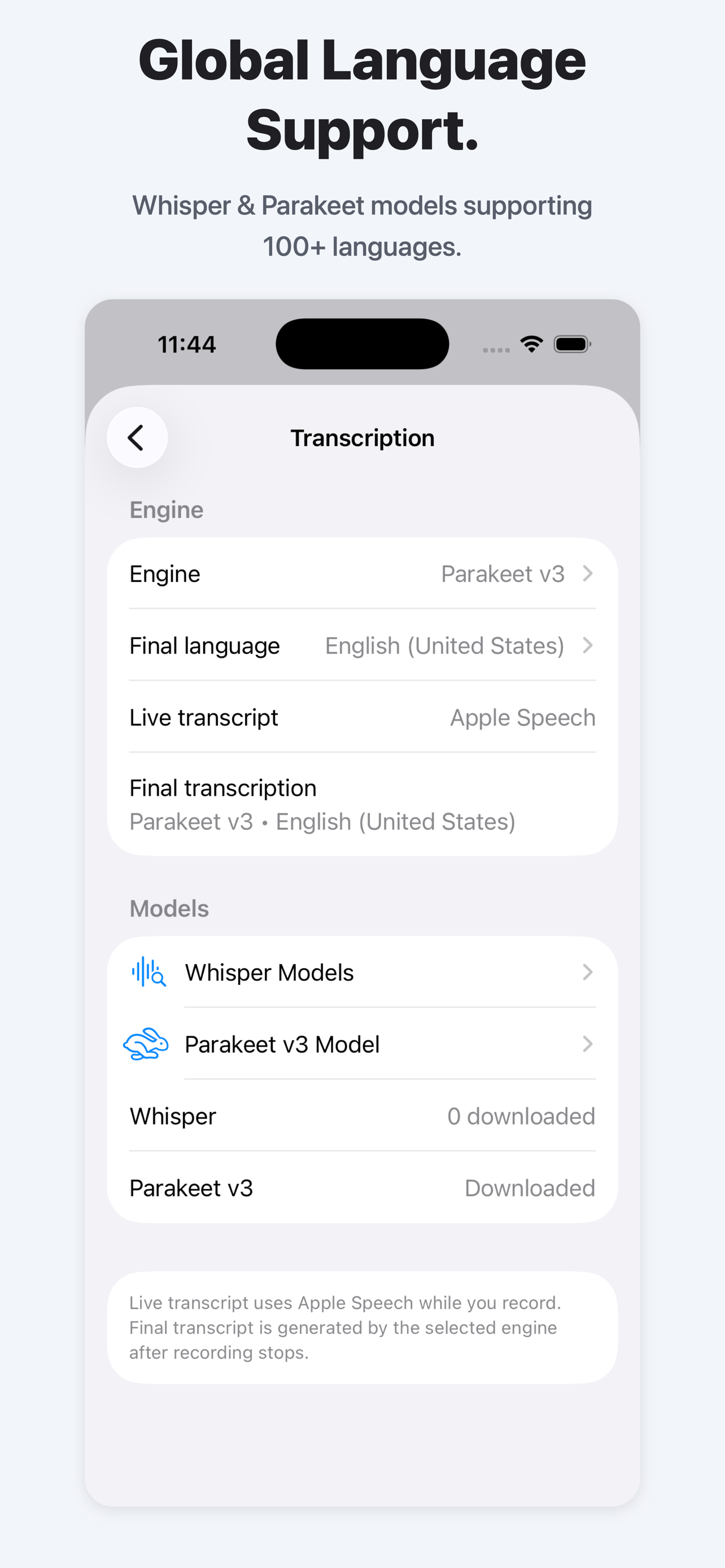 Language Support screen